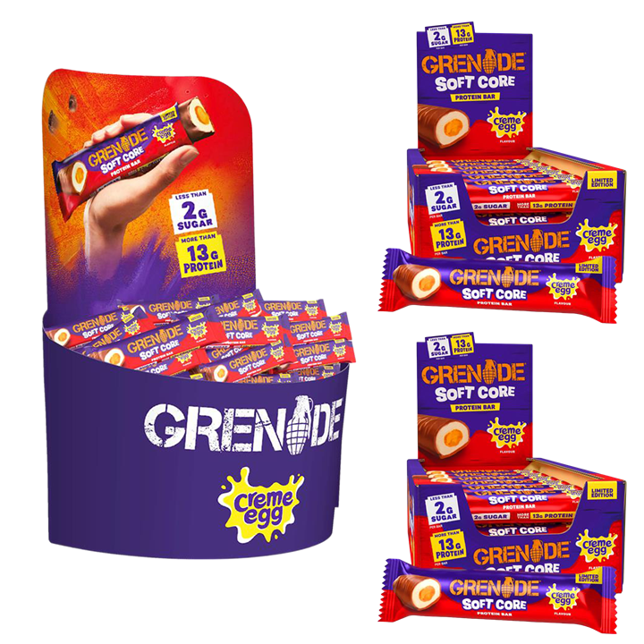 Grenade Protein Bar (Soft Core) Creme Egg Countertop Unit Plus 2 x Grenade Protein Bar (Soft Core) 18x45g Creme Egg
