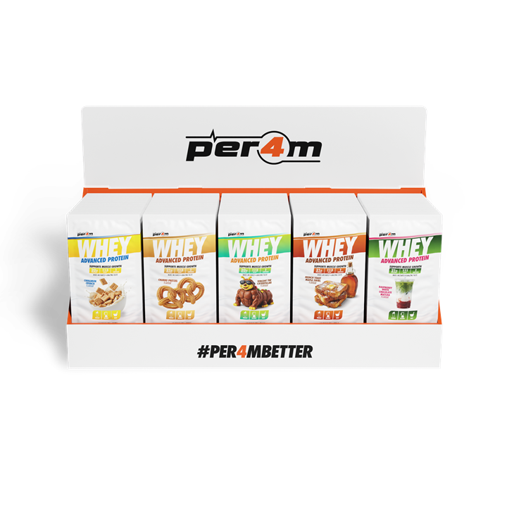 Per4m Advanced Whey Pre-Filled Sachets Counter Top Display Unit (100 Sachets) Variety Pack